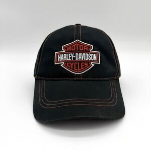 Harley Davidson Motorcycles Fitted Hat Black Orange Bar Shield L